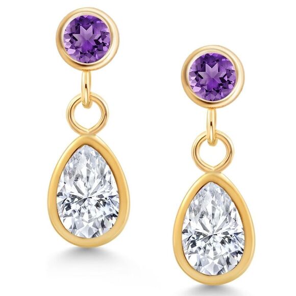14K Yellow Gold with 1.00 Cttw White Moissanite and Amethyst Post Back Earrings